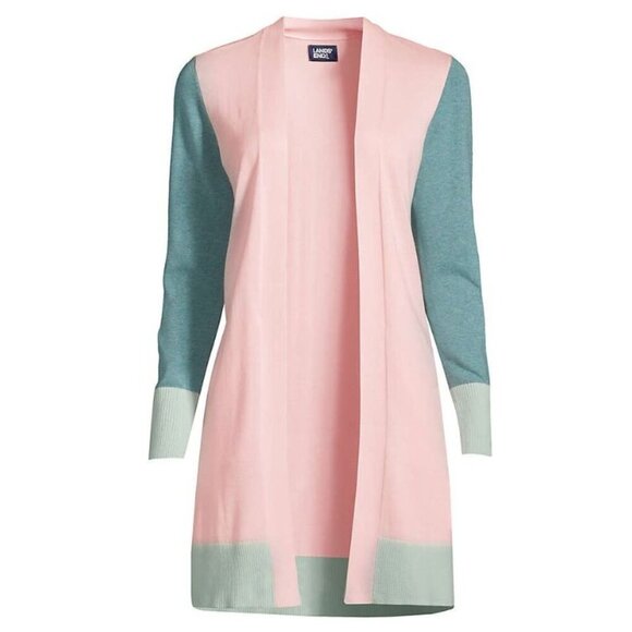 Land's End Womens 1X Long Open Front Cardigan Pink Colorblock Cabincore Pastel - Picture 1 of 7